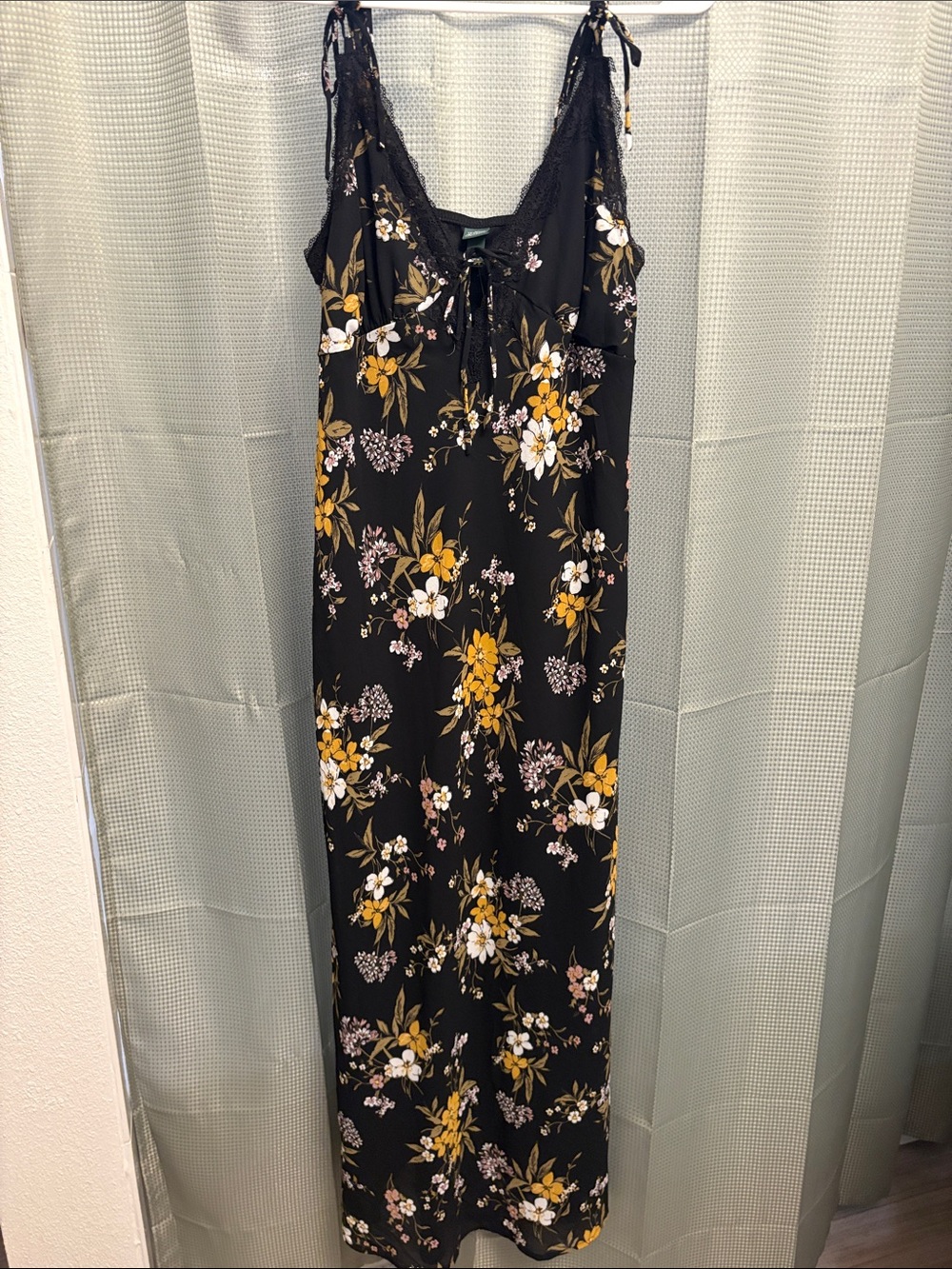 Black Floral Maxi Slip Dress with Lace Trim